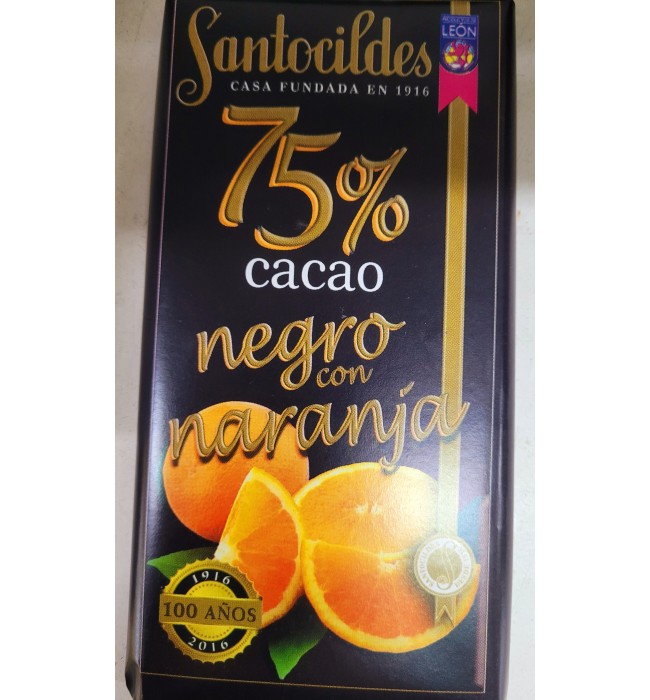 CHOCOLATE NEGRO CON NARANJA SANTOCILDES 75% DE CACAO. TABLETA DE 150GR       DE CACAO