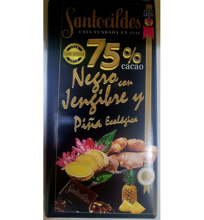 CHOCOLATE NEGRO CON JENJIBRE Y PIÑA ECOLOGICA ,75% DE CACAO. TABLETA DE 150GRDE CACAO