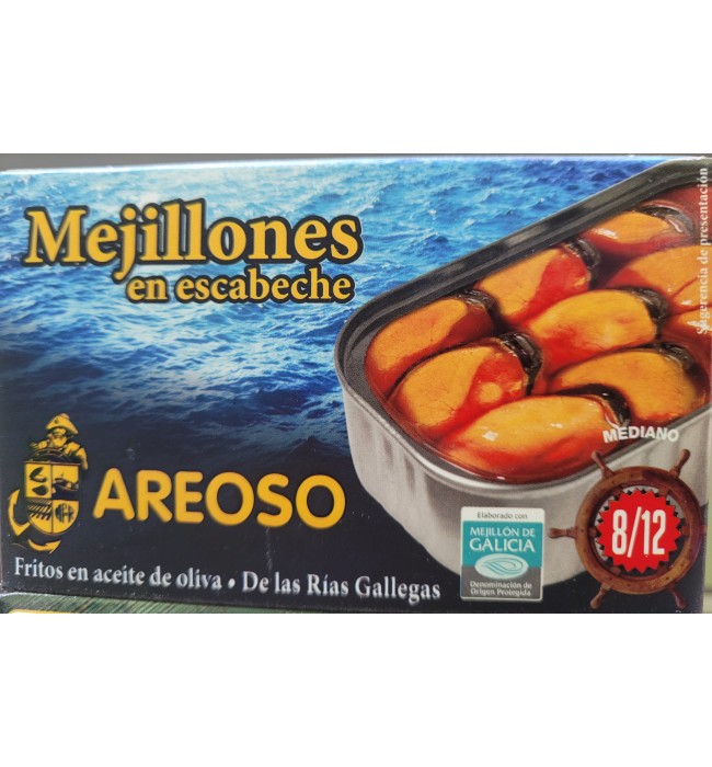 MEJILLONES EN ESCABECHE DE LAS RIAS GALLEGAS 8/12 AREOSO LATA DE 111GR